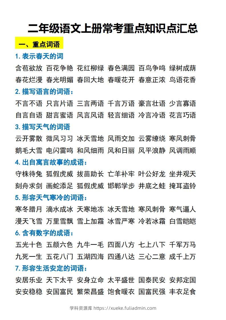 二年级语文上册常考重点知识点汇总必背-学科资源库