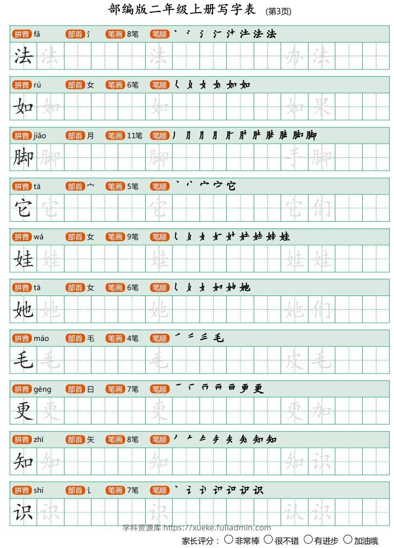 图片[3]-二年级语文上册【写字表】字帖-学科资源库