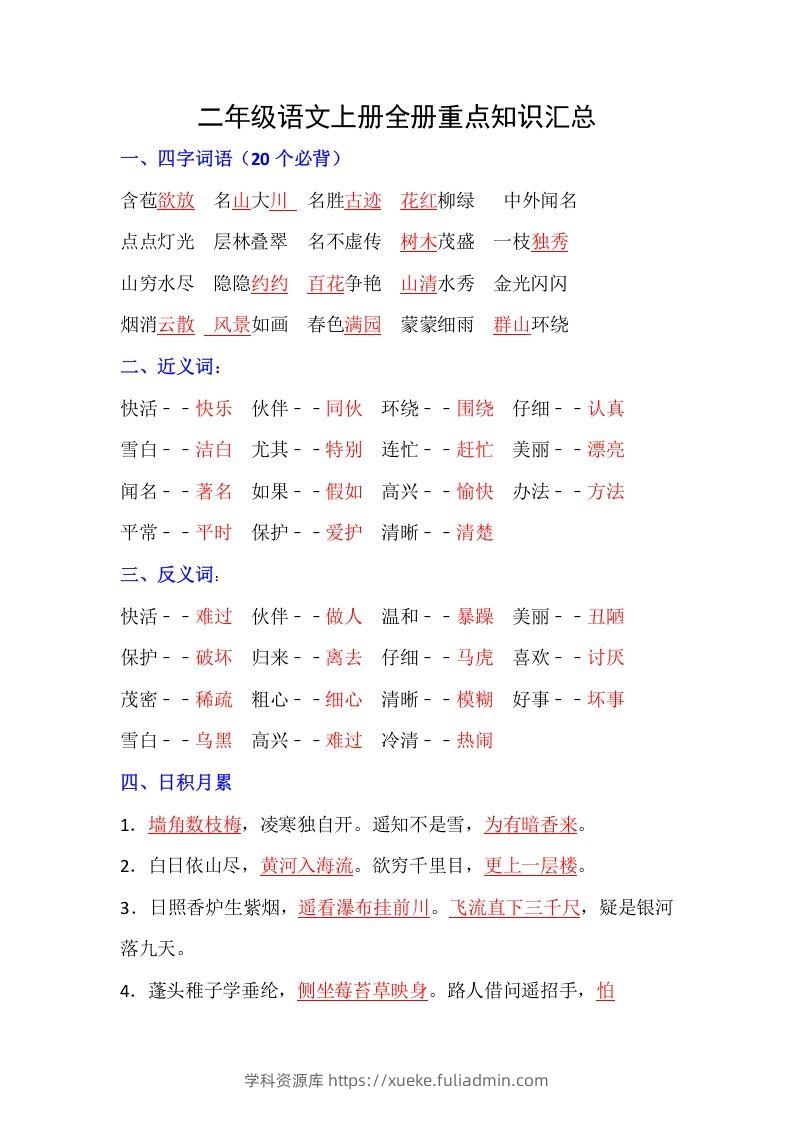 【全册重点知识汇总】二上语文-学科资源库