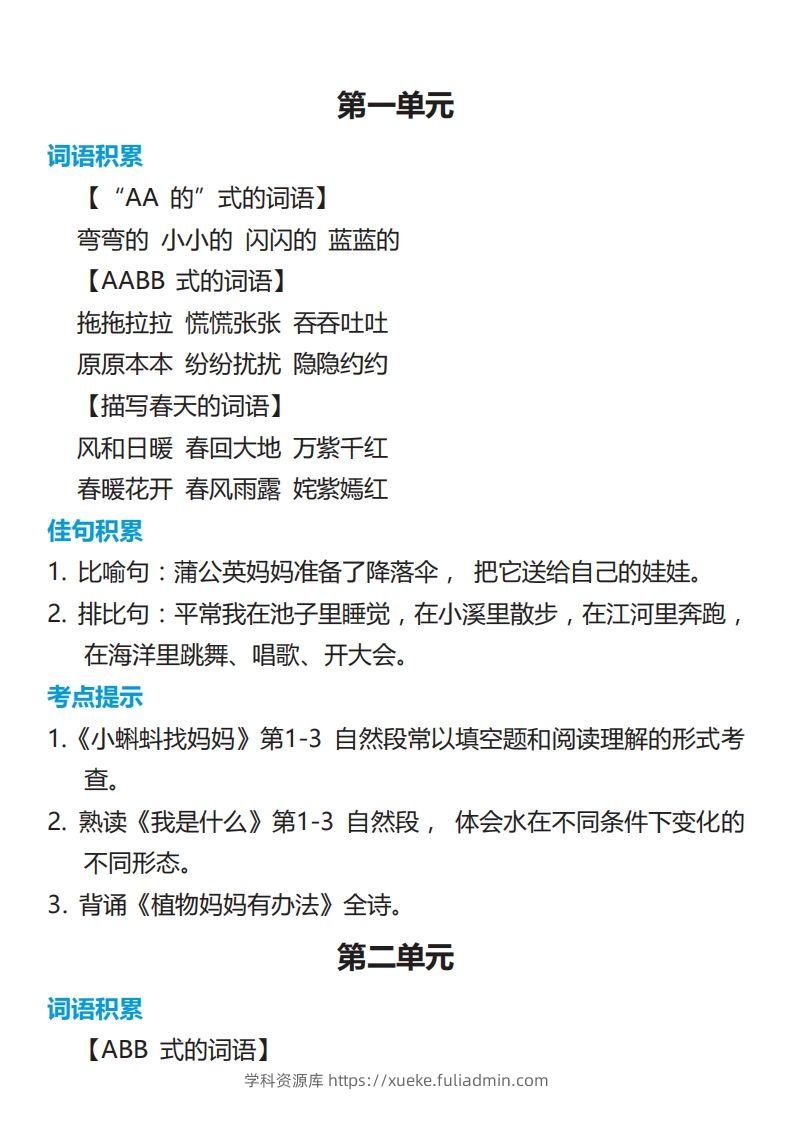 二年级语文上册词语归类积累课文佳句汇总-学科资源库