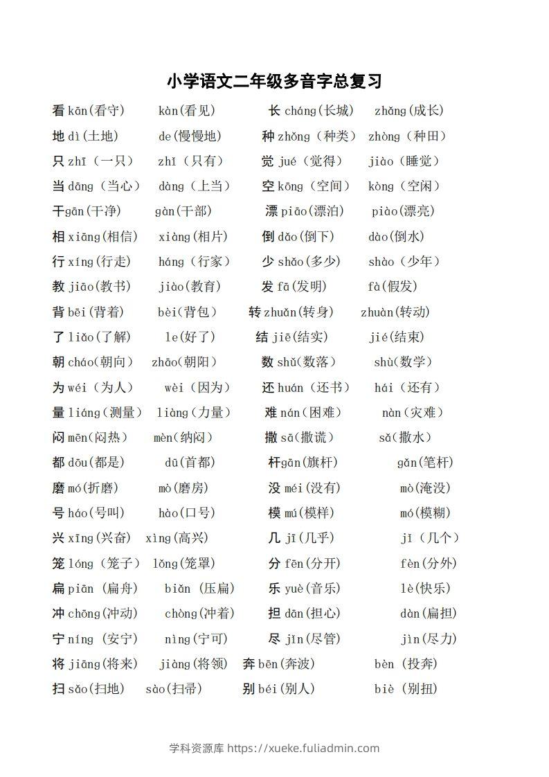 二年级语文上册多音字汇总❤️()-学科资源库
