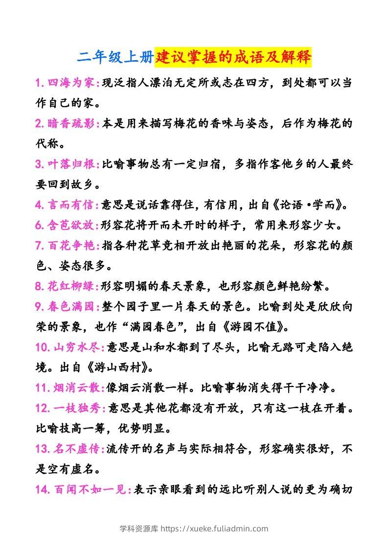 二年级上册语文建议掌握的成语及解释-学科资源库