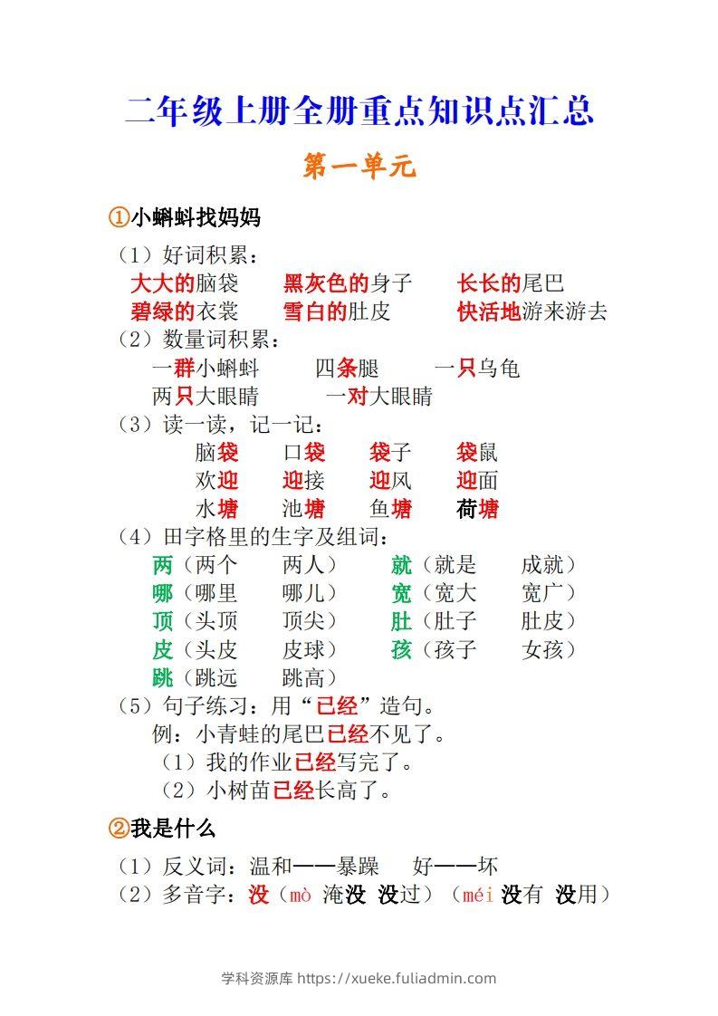 二年级上册语文全册重点知识点汇总-学科资源库