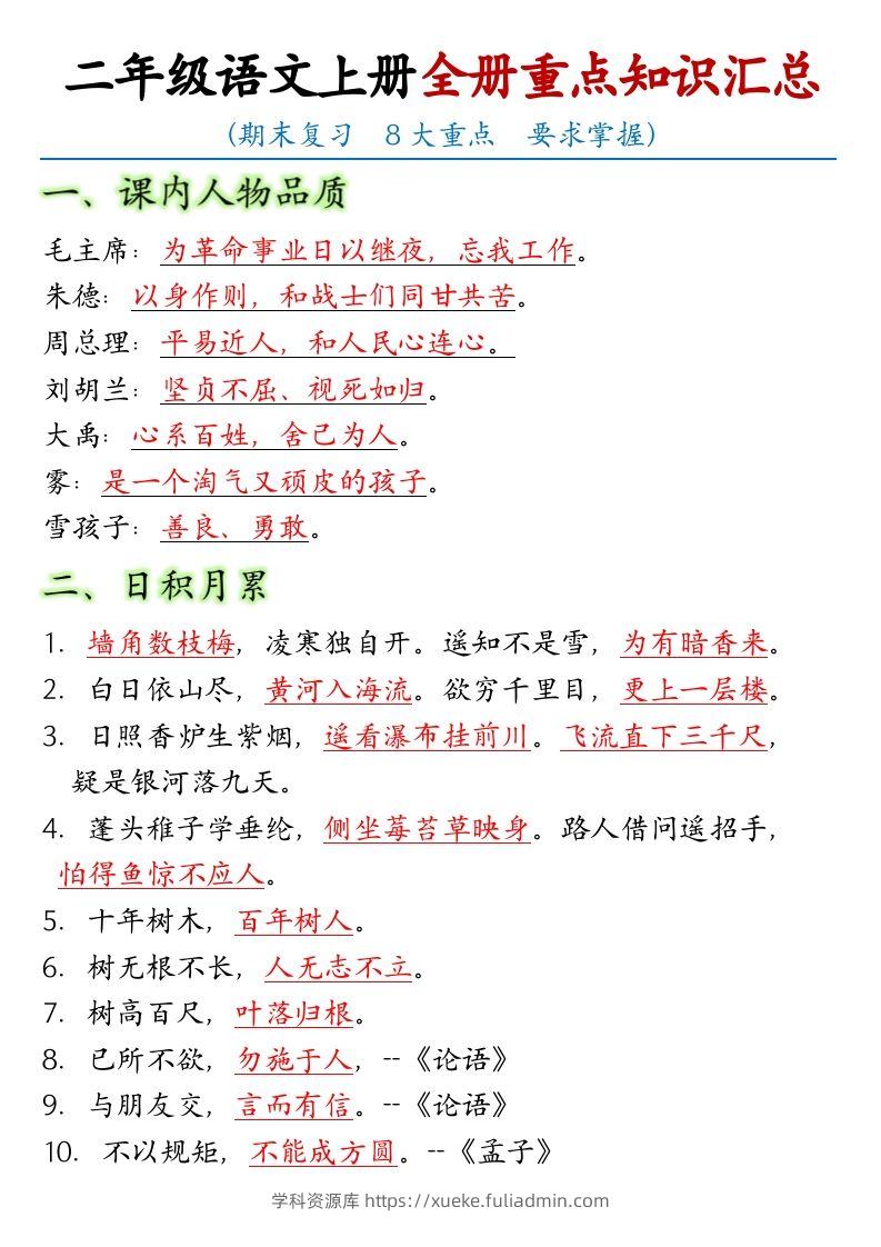 【全册重点考点归纳】二上语文-学科资源库