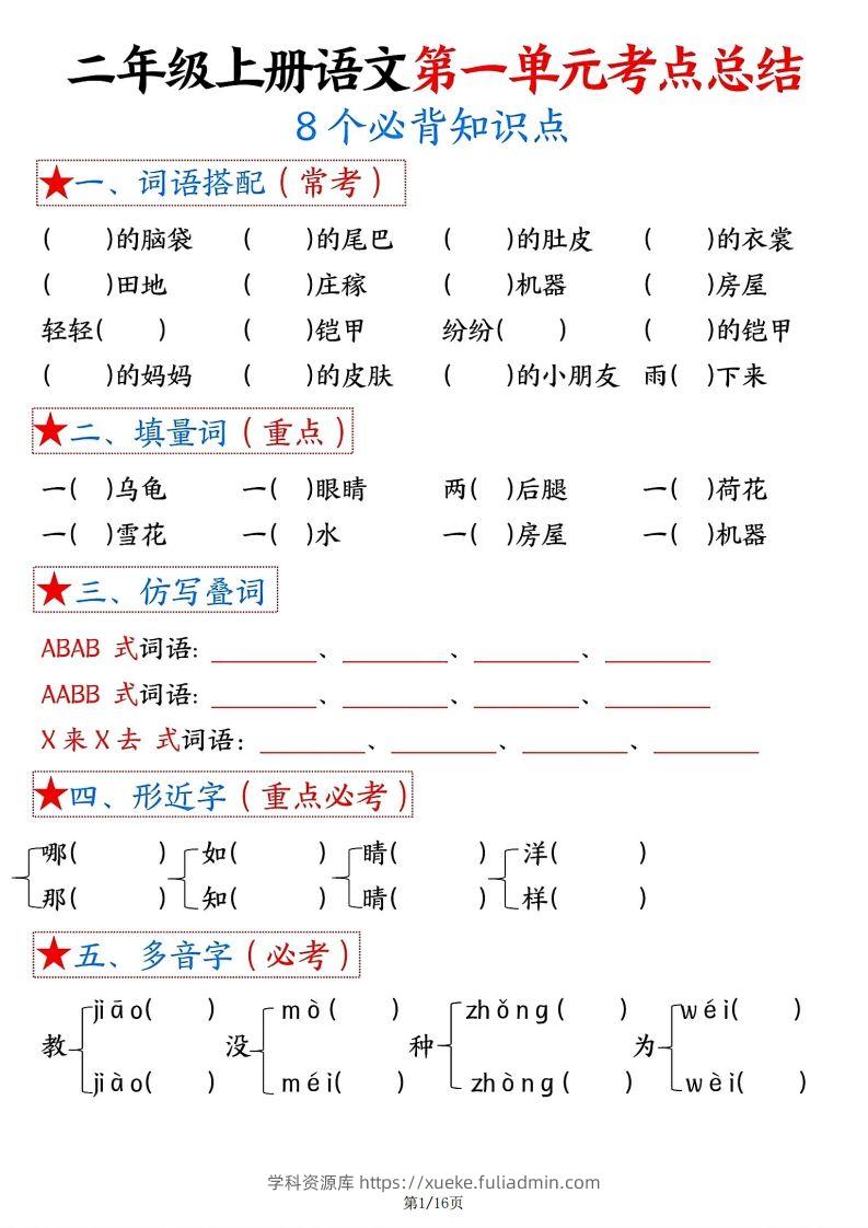 【空白版】二年级上册语文1-8单元考点总结-学科资源库