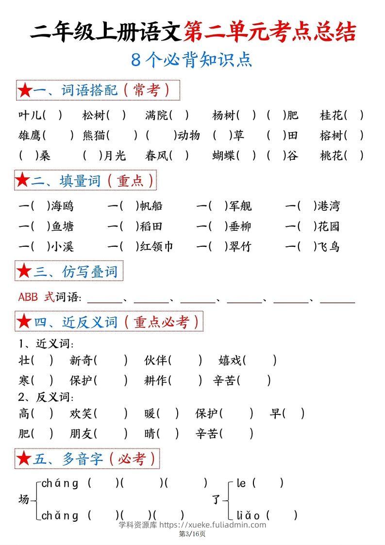 图片[3]-【空白版】二年级上册语文1-8单元考点总结-学科资源库