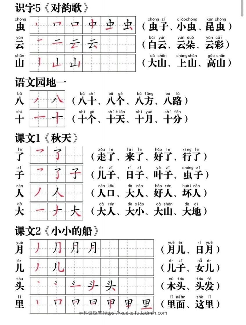 图片[2]-一年级语文上册写字表笔画笔顺组词-学科资源库