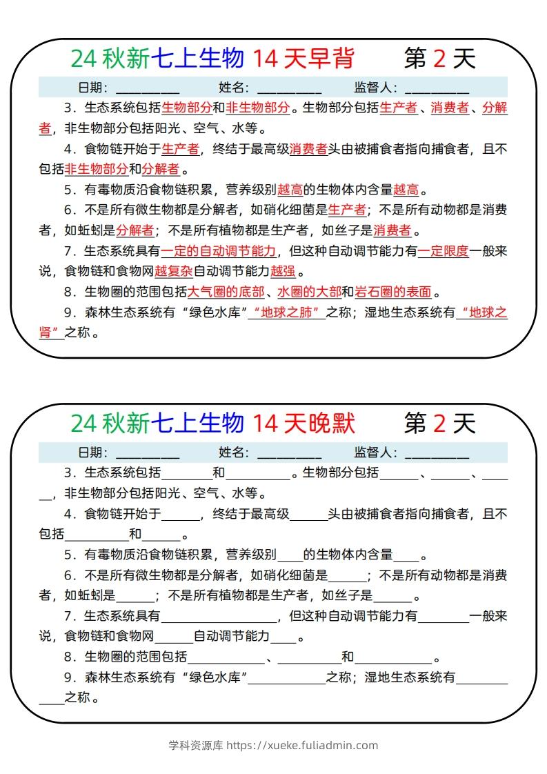 图片[2]-24秋新七上生物14天早背晚默-学科资源库