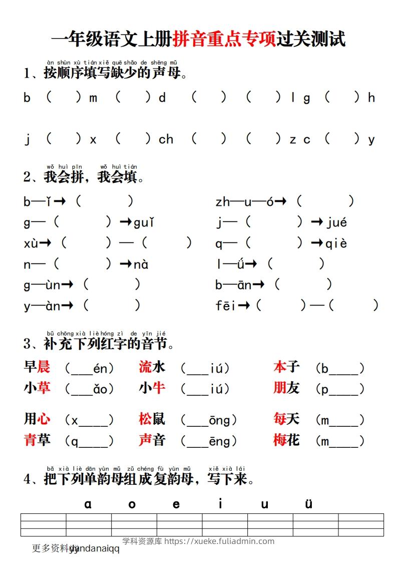一上语文拼音重点专项过关测试-学科资源库