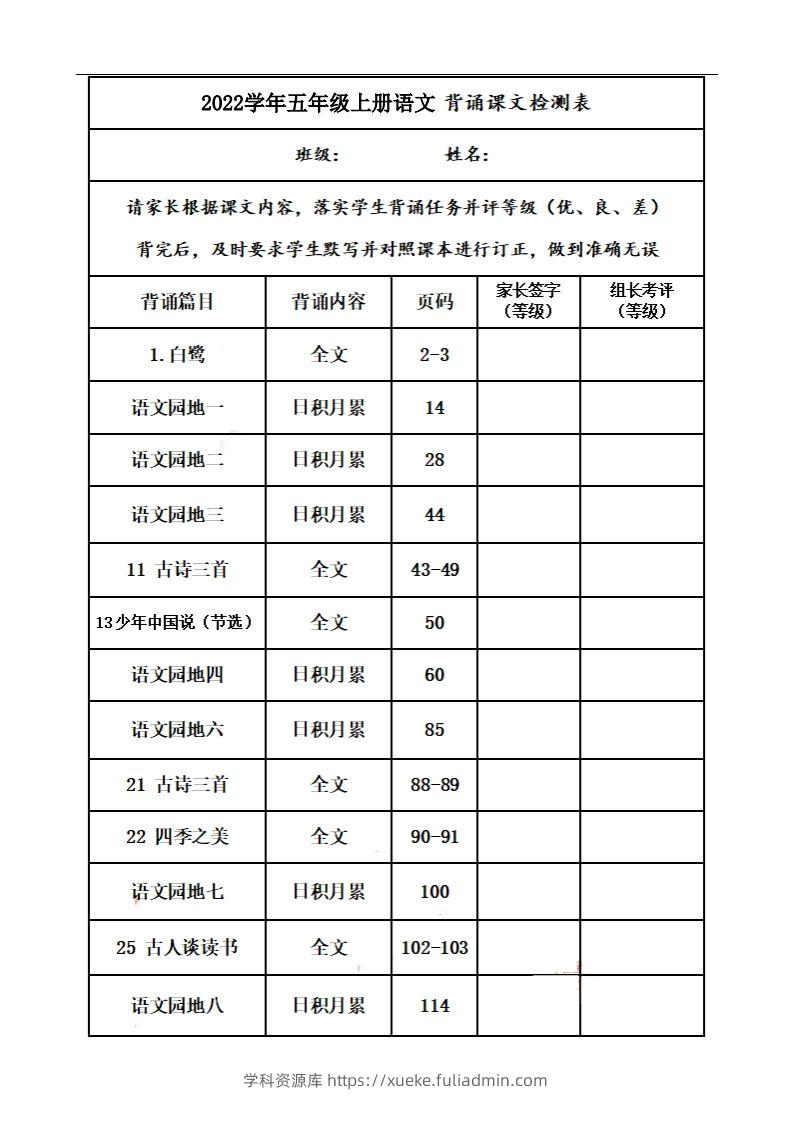 五上语文：课文背诵内容及闯关表-学科资源库