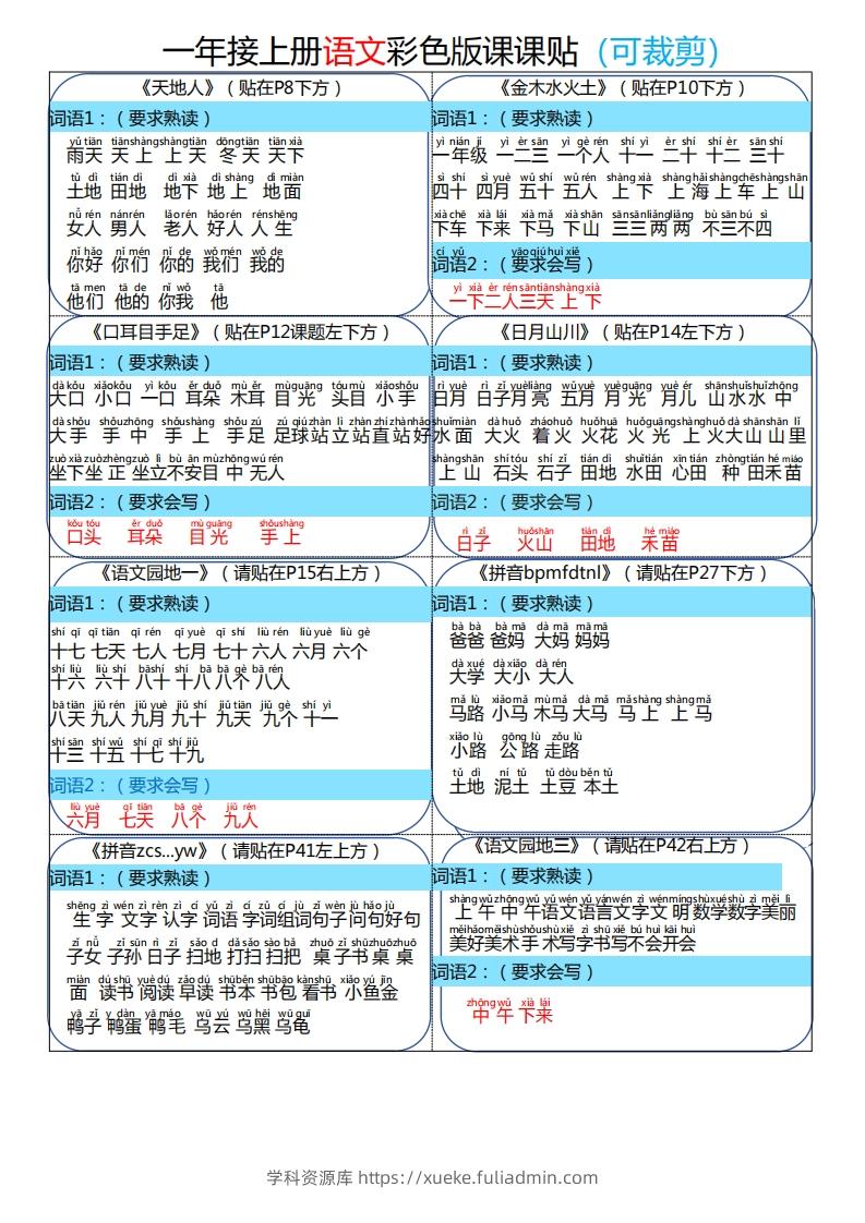 24秋一年级上册语文彩色课课贴-学科资源库