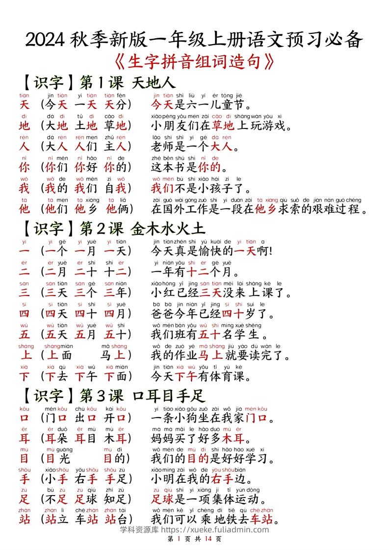 一年级上册语文单元知识要点之生字拼音组词造句-学科资源库