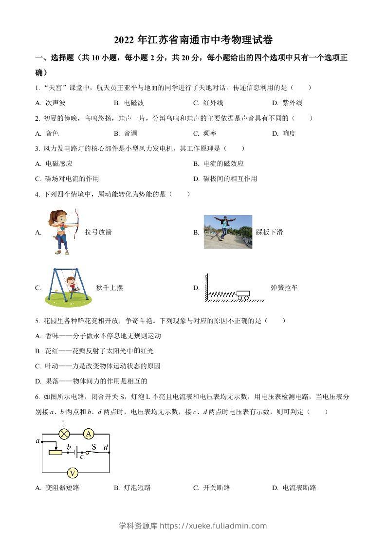 2022年江苏省南通市中考物理试题（空白卷）(1)-学科资源库