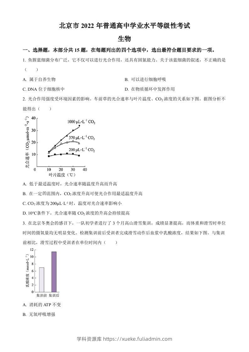 2022年高考生物试卷（北京）（空白卷）-学科资源库