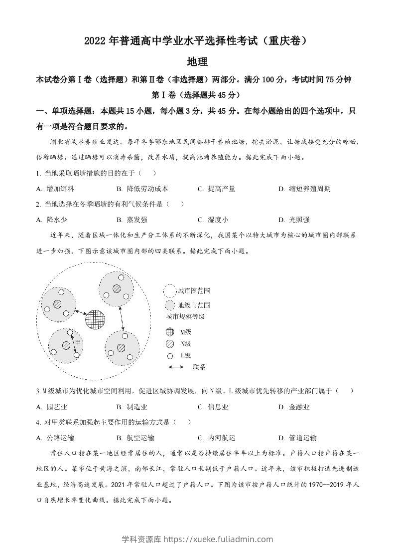 2022年高考地理试卷（重庆）（空白卷）-学科资源库