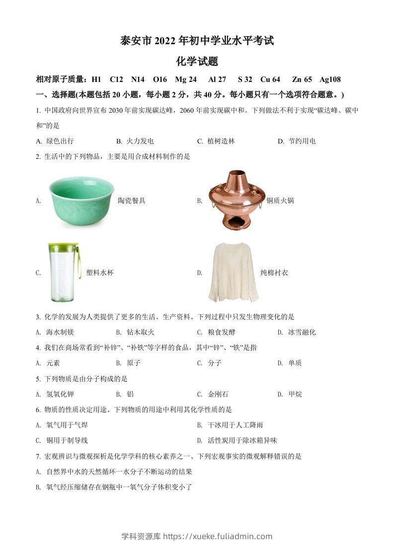 2022年山东省泰安市中考化学真题（空白卷）-学科资源库