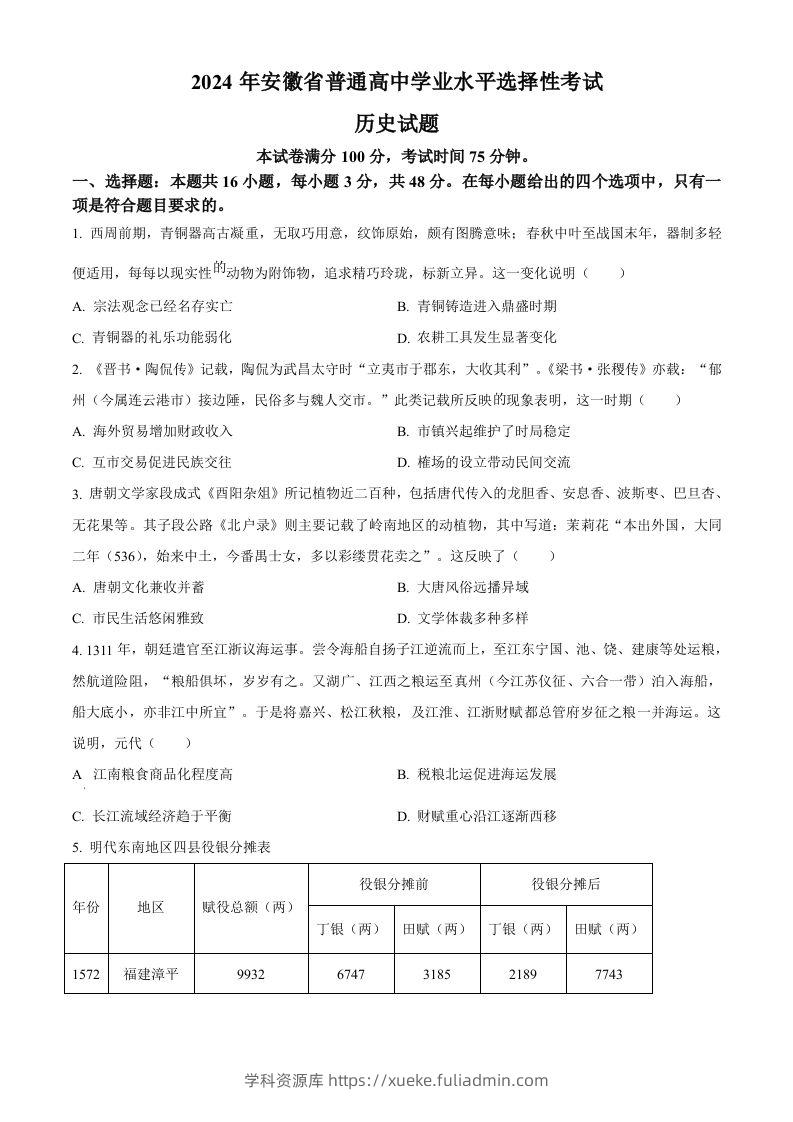 2024年高考历史试卷（安徽）（空白卷）-学科资源库