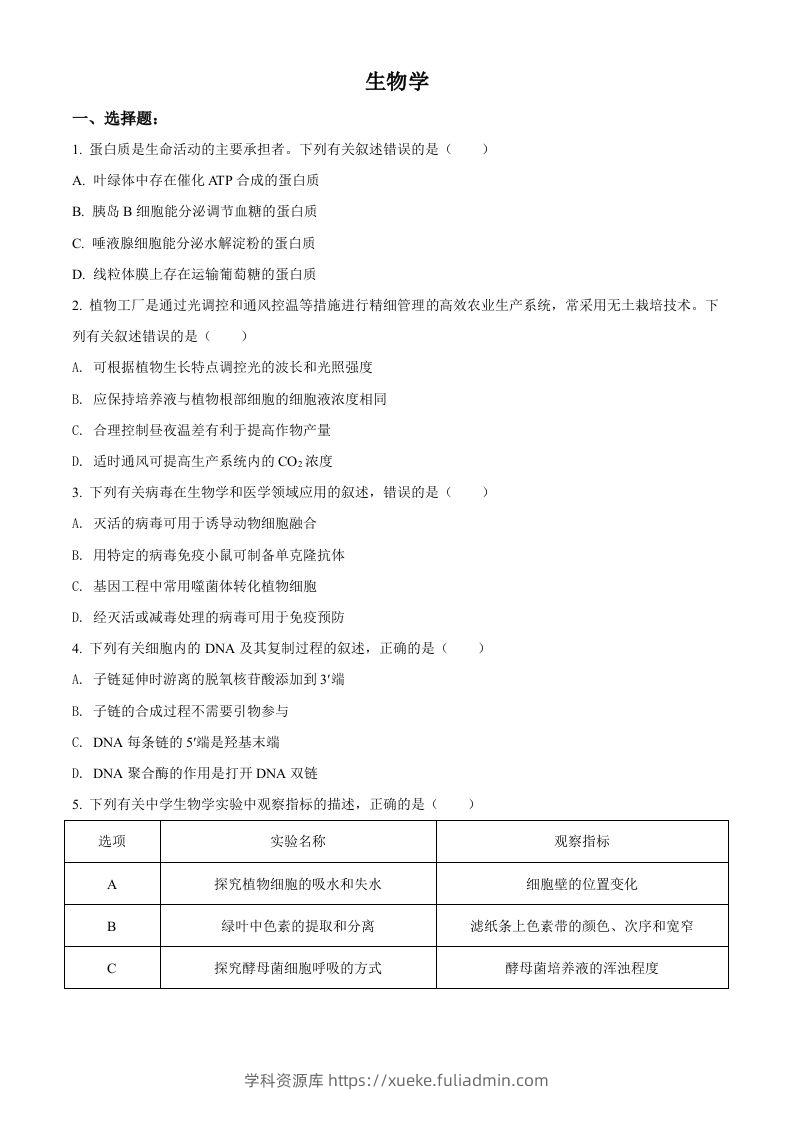 2021年高考生物试卷（辽宁）（空白卷）-学科资源库