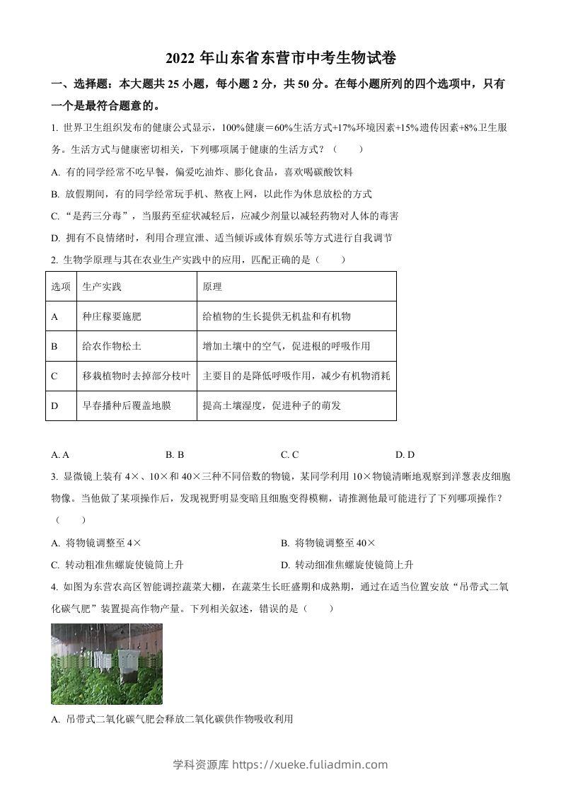 2022年山东省东营市中考生物真题（空白卷）-学科资源库