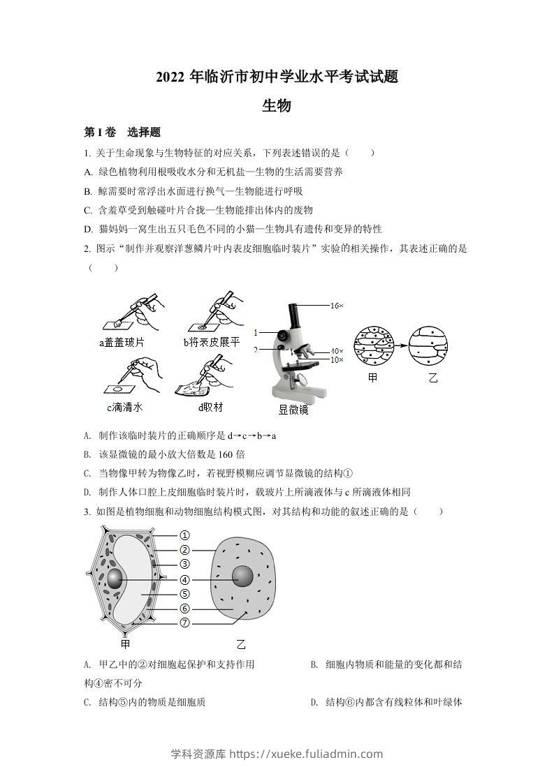 2022年山东省临沂市中考生物真题（空白卷）-学科资源库