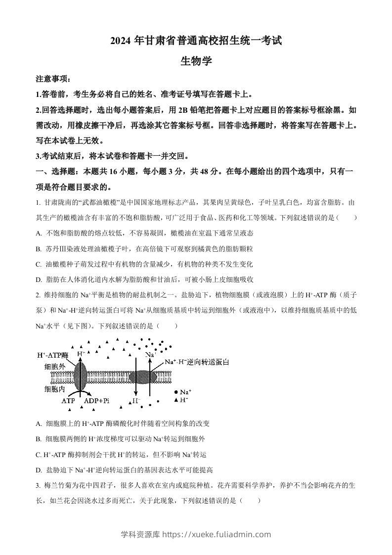 2024年高考生物试卷（甘肃）（空白卷）-学科资源库