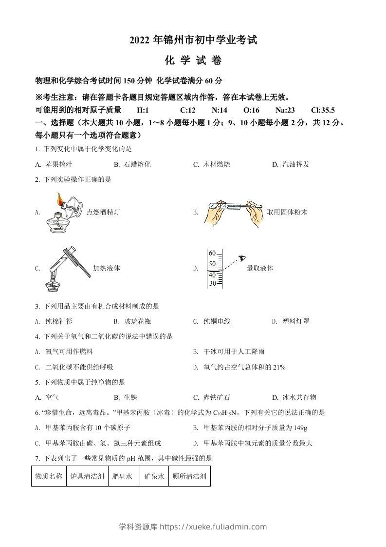 2022年辽宁省锦州市中考化学真题（空白卷）-学科资源库