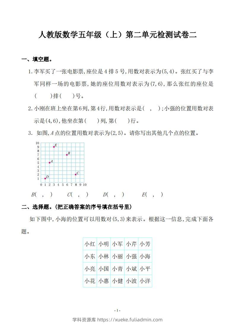 五（上）人教版数学第二单元检测卷二-学科资源库