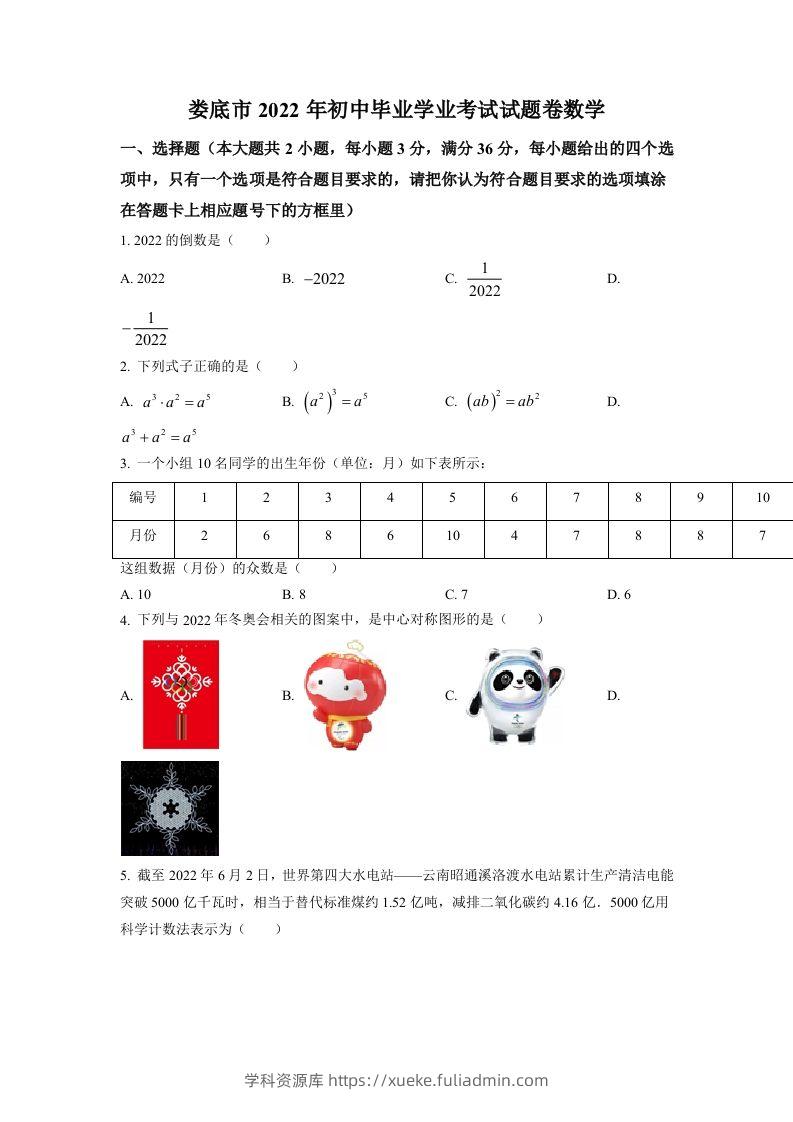 2022年湖南省娄底市中考数学真题（空白卷）-学科资源库