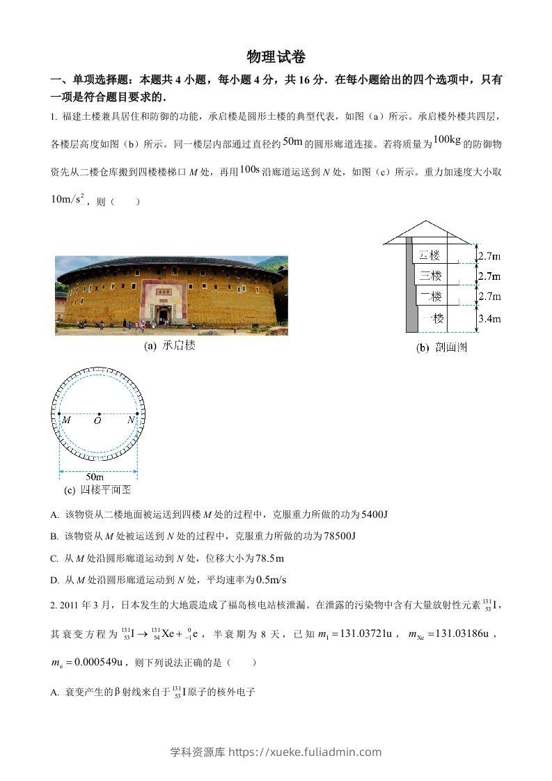 2022年高考物理试卷（福建）（空白卷）-学科资源库