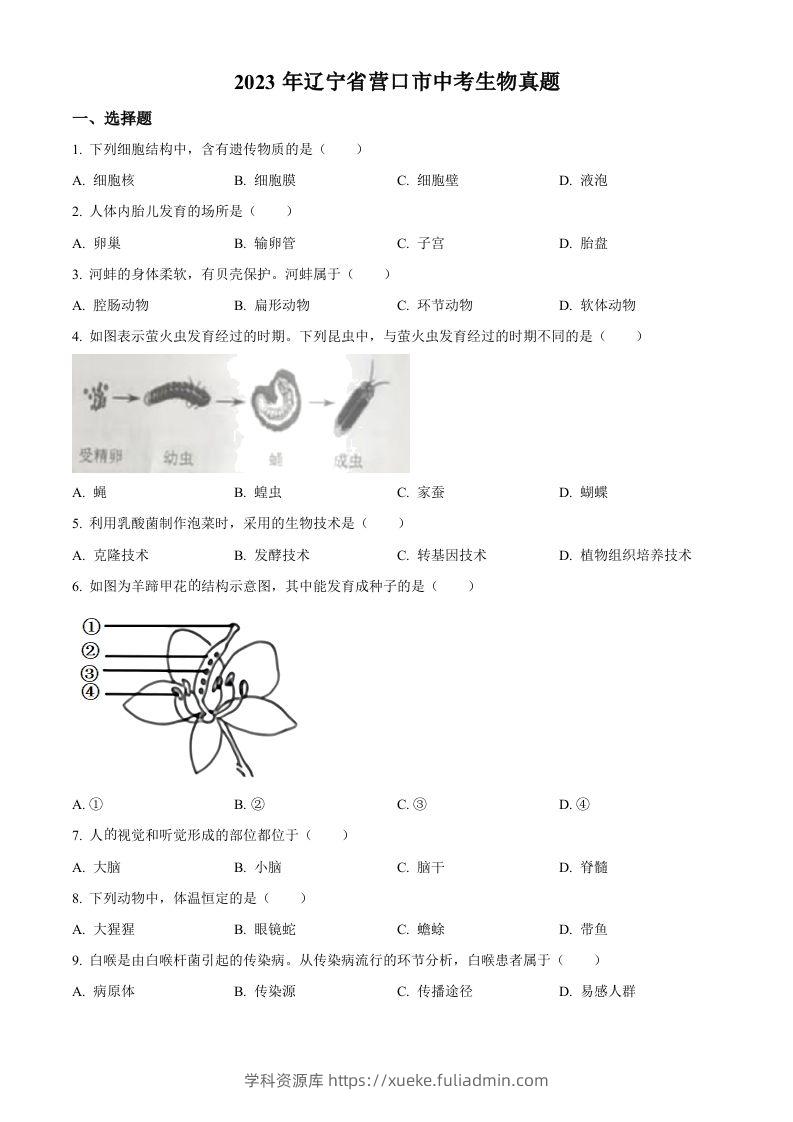 2023年辽宁省营口市中考生物真题（空白卷）-学科资源库