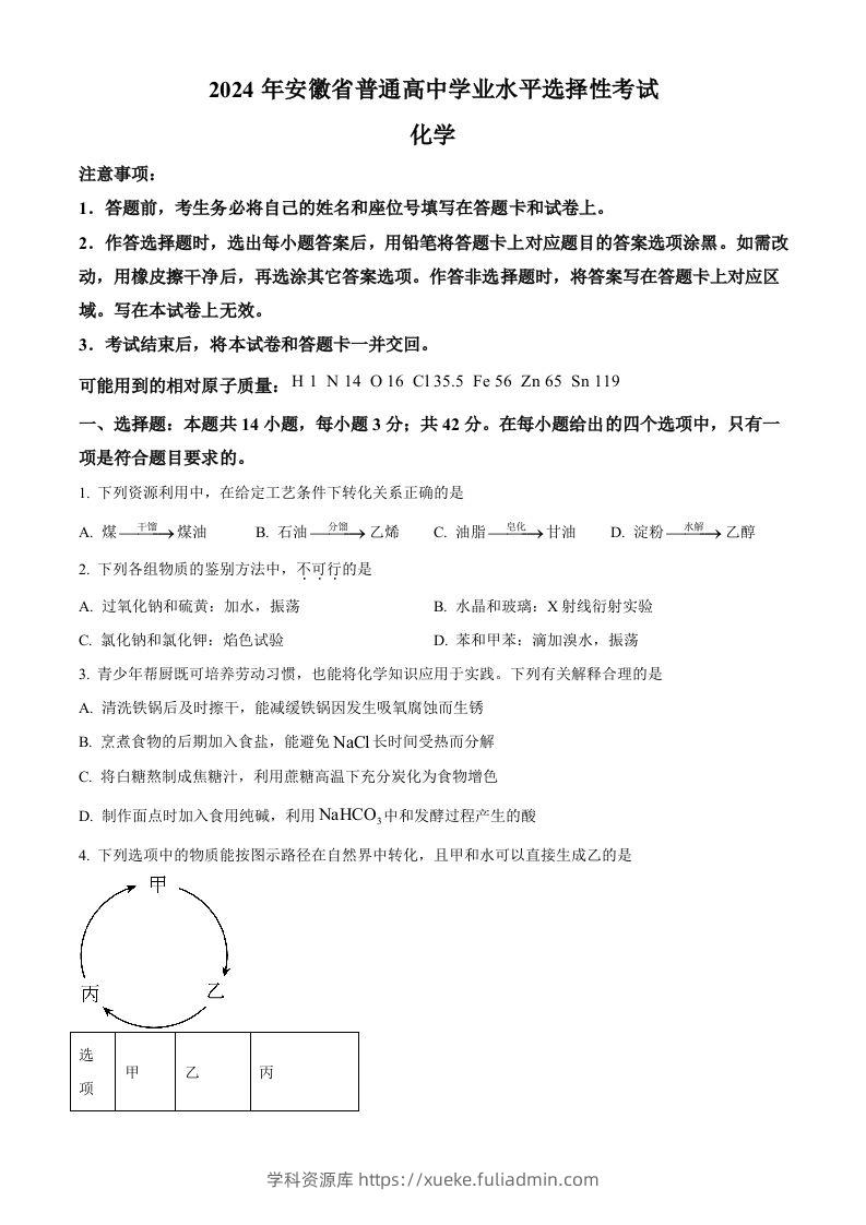 2024年高考化学试卷（安徽）（空白卷）-学科资源库