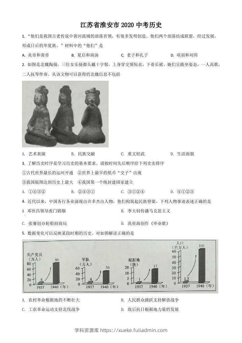 江苏省淮安市2020年中考历史试题（空白卷）-学科资源库