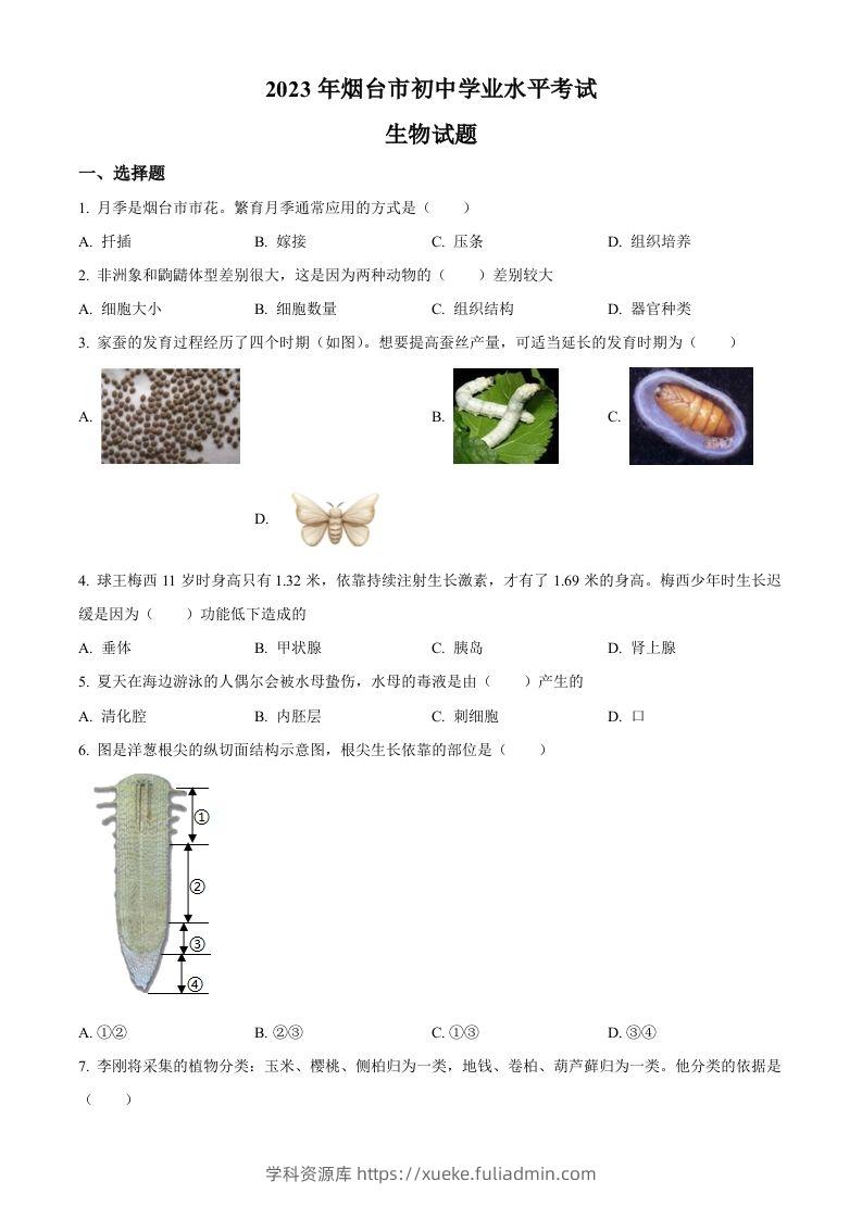 2023年山东省烟台市中考生物真题（空白卷）-学科资源库