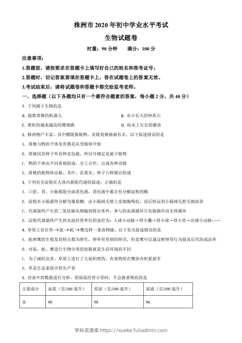 湖南省株洲市2020年中考生物试题（空白卷）-学科资源库