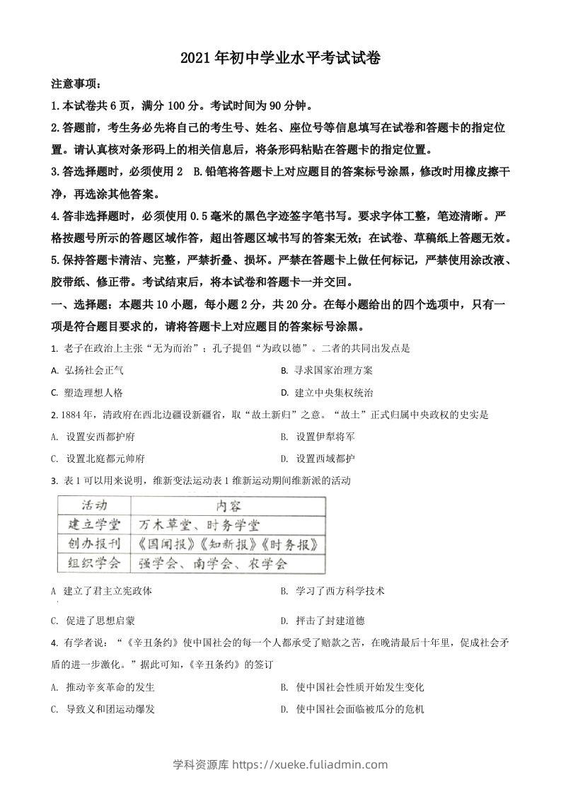 内蒙古包头市、巴彦淖尔市2021年中考历史试题（空白卷）-学科资源库
