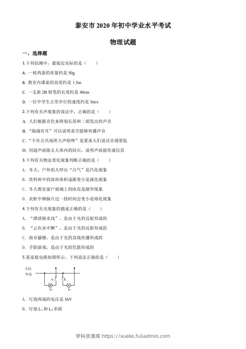 2020年山东省泰安市中考物理试题（空白卷）-学科资源库
