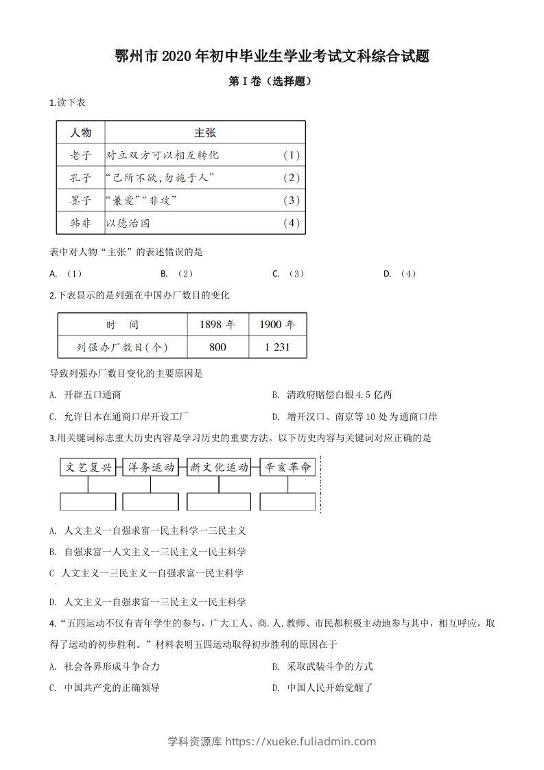湖北省鄂州市2020年中考历史试题（空白卷）-学科资源库