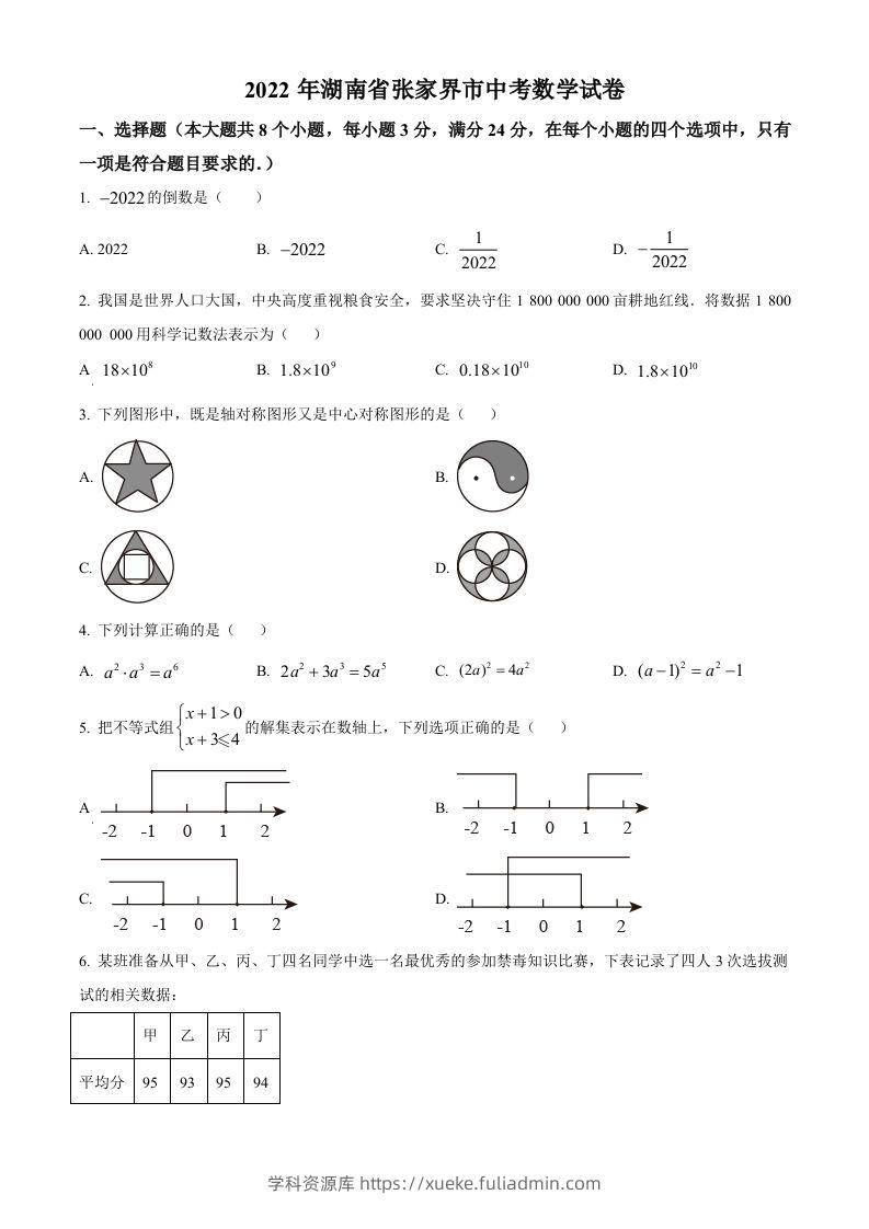 2022年湖南省张家界市中考数学真题（空白卷）-学科资源库