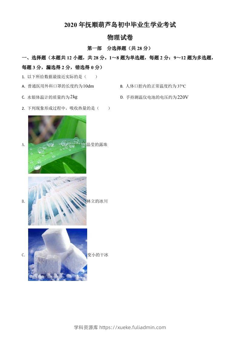 2020年辽宁省抚顺、葫芦岛市中考物理试题（空白卷）-学科资源库