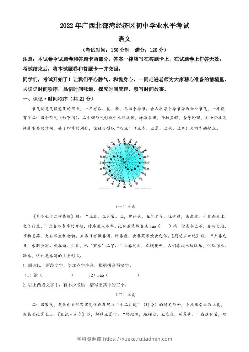 2022年广西北部湾经济区中考语文真题（空白卷）-学科资源库