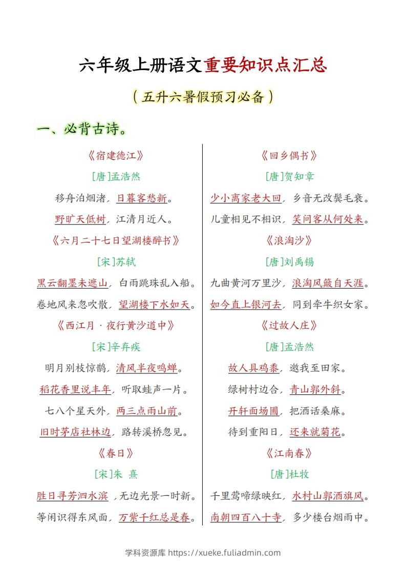 六上语文全册重点知识汇总-学科资源库