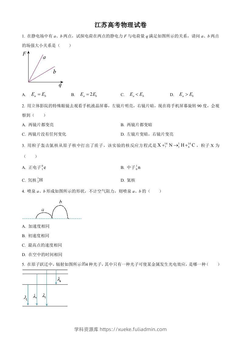 2024年高考物理试卷（江苏）（回忆版）（空白卷）缺第8题、第16题-学科资源库