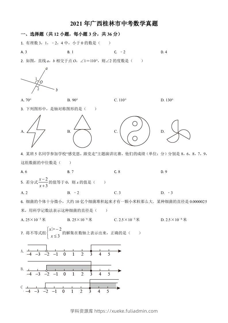 广西省桂林市2021年中考数学真题（空白卷）-学科资源库