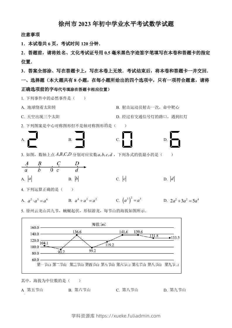 2023年江苏省徐州市中考数学真题（空白卷）-学科资源库