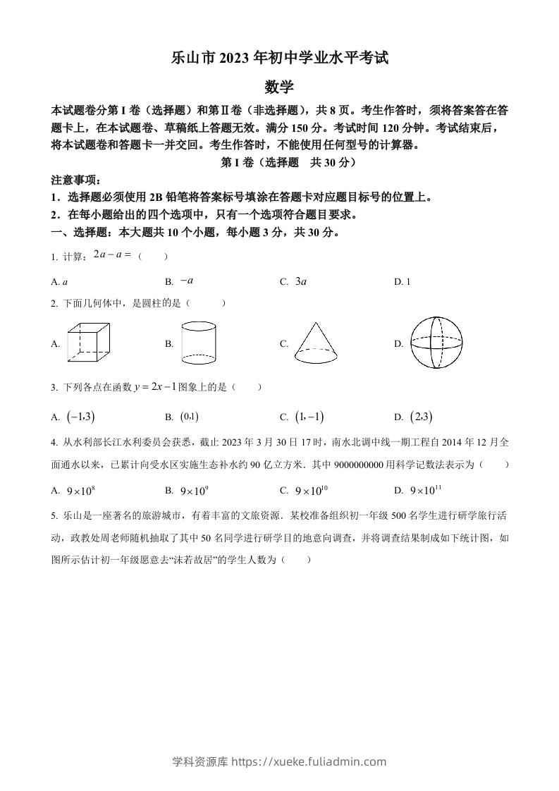 2023年四川省乐山市中考数学真题（空白卷）-学科资源库