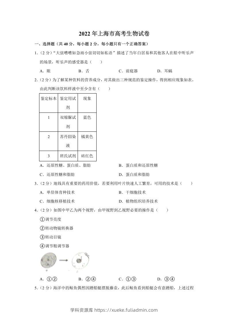 2022年高考生物试卷（上海）（空白卷）-学科资源库