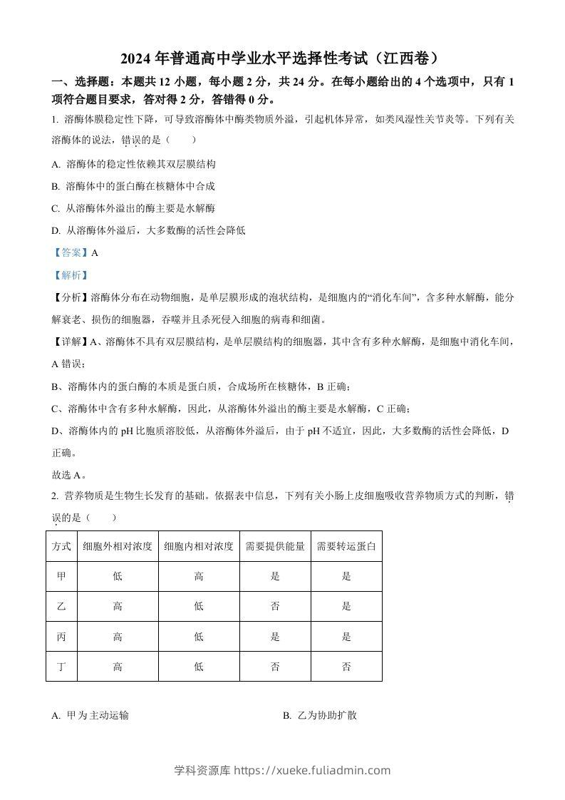 2024年高考生物试卷（江西）（含答案）-学科资源库