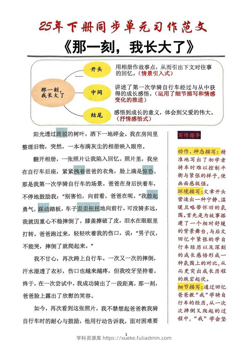 25年五年级下册语文同步单元习作范文-学科资源库