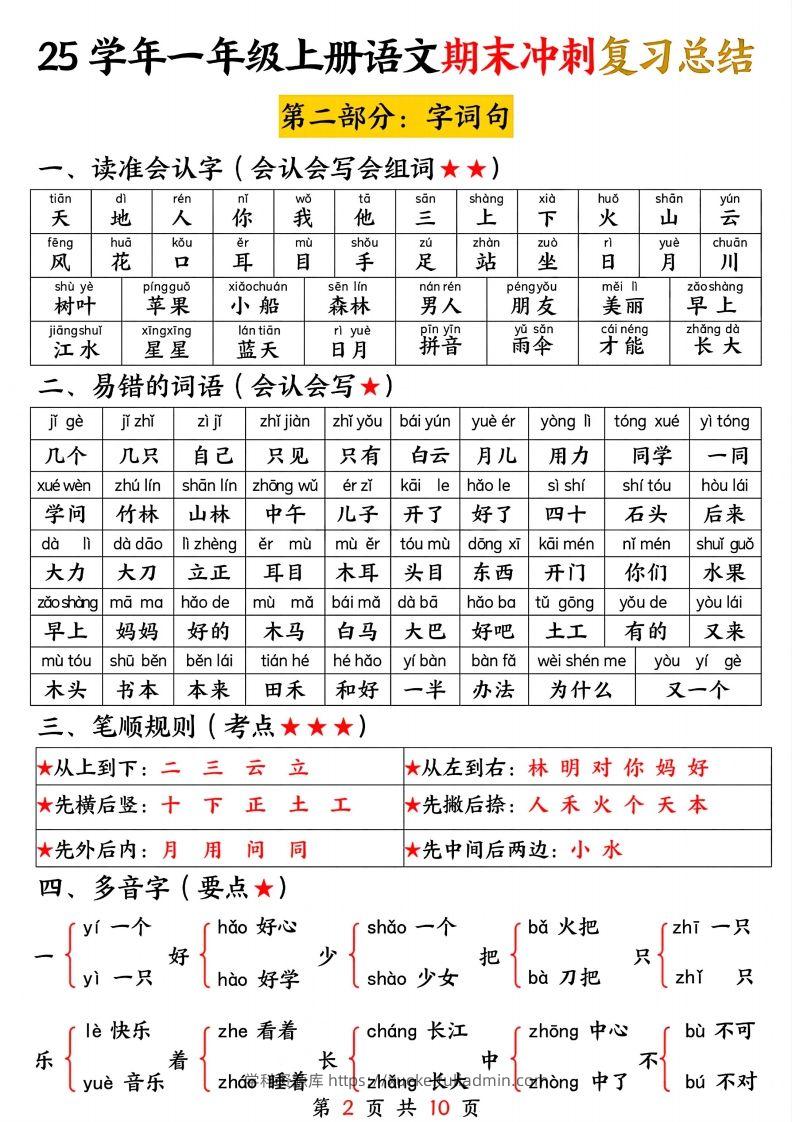图片[2]-【25学年-期末冲刺复习总结（五大部分）10页】一上语文-学科资源库