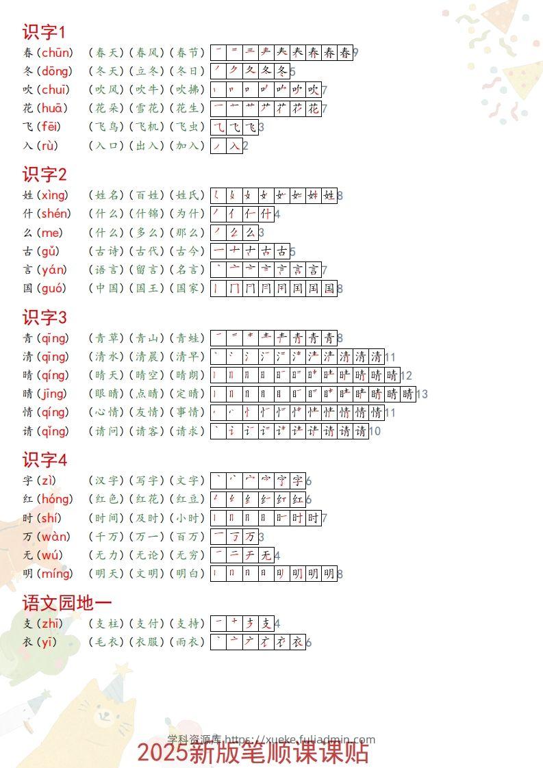 2025春一年级语文新版笔顺课课贴-学科资源库